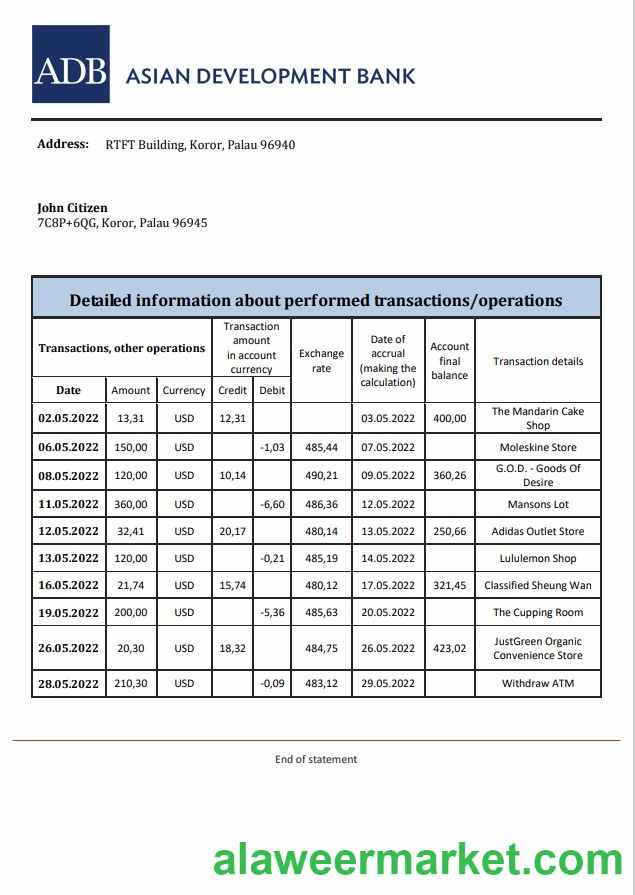 Palau ADB bank statement